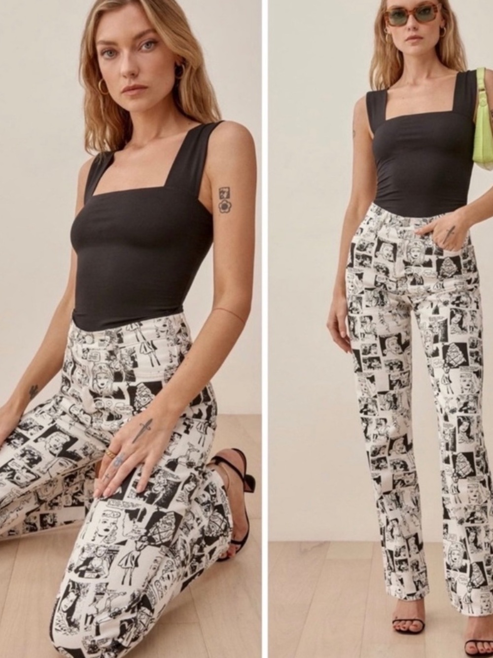 Reformation White and Black Comic-Print Straight Leg Jeans